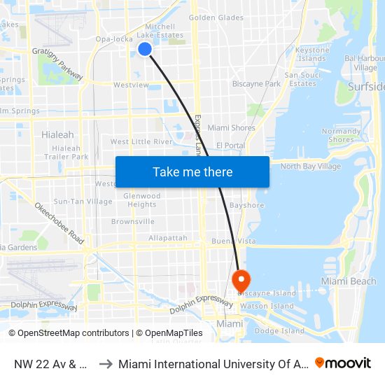 NW 22 Av & 135 St to Miami International University Of Art & Design map