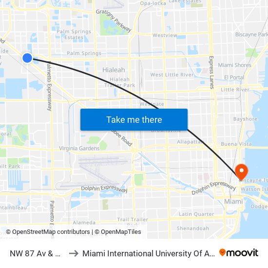 NW 87 Av & 103 St to Miami International University Of Art & Design map