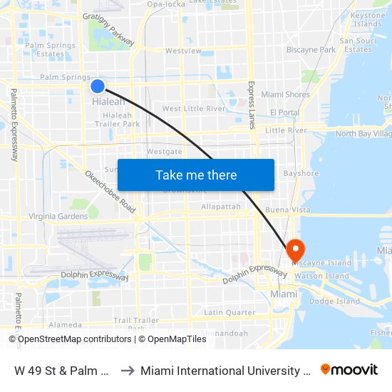 W 49 St & Palm Av Hialeah to Miami International University Of Art & Design map