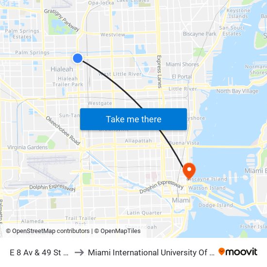 E 8 Av & 49 St Hialeah to Miami International University Of Art & Design map