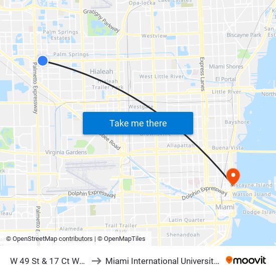 W 49 St & 17 Ct Westland Mall to Miami International University Of Art & Design map