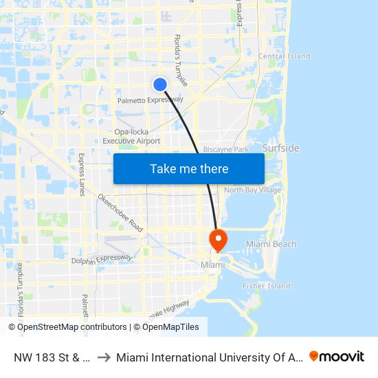 NW 183 St & 27 Av to Miami International University Of Art & Design map