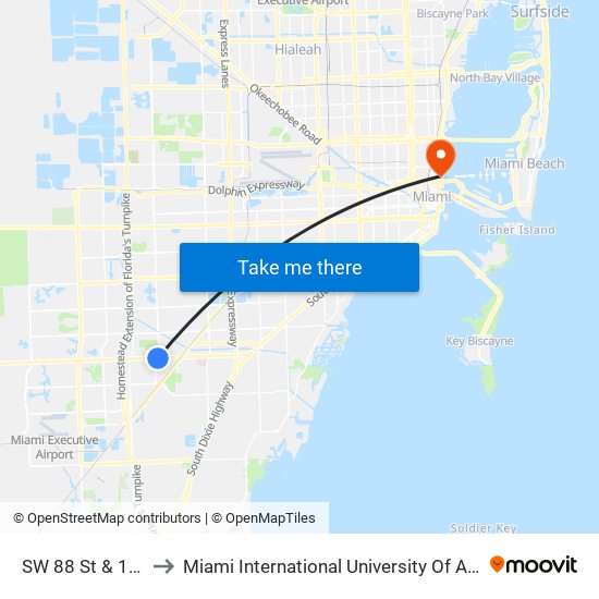 SW 88 St & 107 Av to Miami International University Of Art & Design map