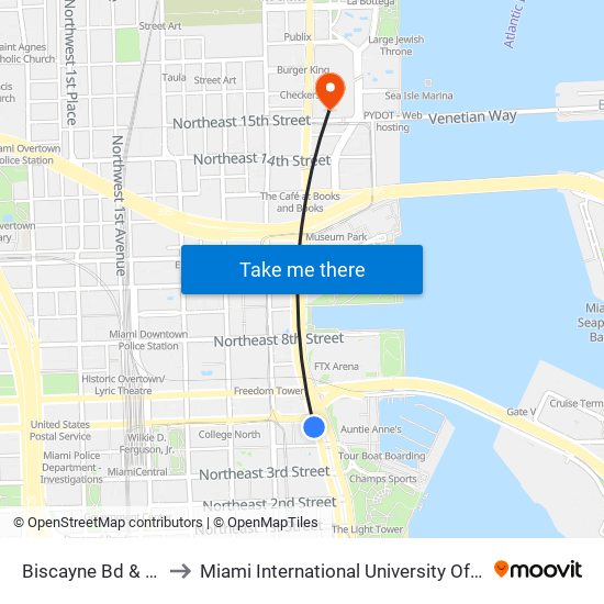 Biscayne Bd & NE 5 St to Miami International University Of Art & Design map