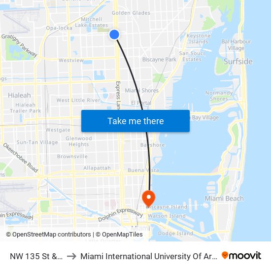 NW 135 St & 7 Av to Miami International University Of Art & Design map