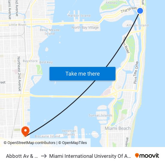 Abbott Av & 69 St to Miami International University Of Art & Design map