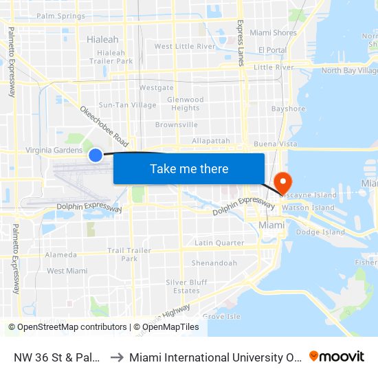 NW 36 St & Palmetto Dr to Miami International University Of Art & Design map