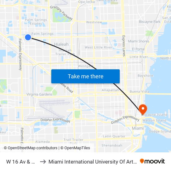 W 16 Av & 49 St to Miami International University Of Art & Design map
