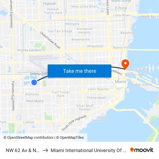 NW 62 Av & NW 5 St to Miami International University Of Art & Design map