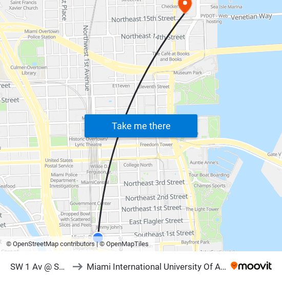 SW 1 Av @ SW 1 St to Miami International University Of Art & Design map