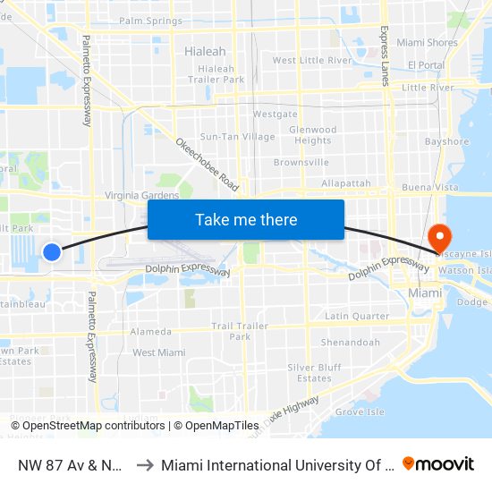 NW 87 Av & NW 17 St to Miami International University Of Art & Design map