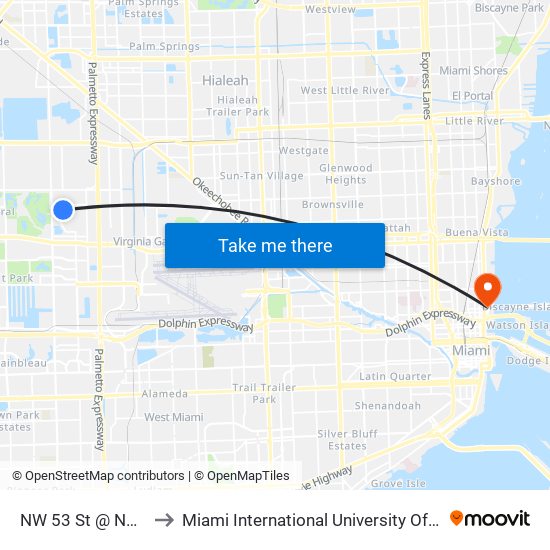 NW 53 St @ NW 84 Av to Miami International University Of Art & Design map