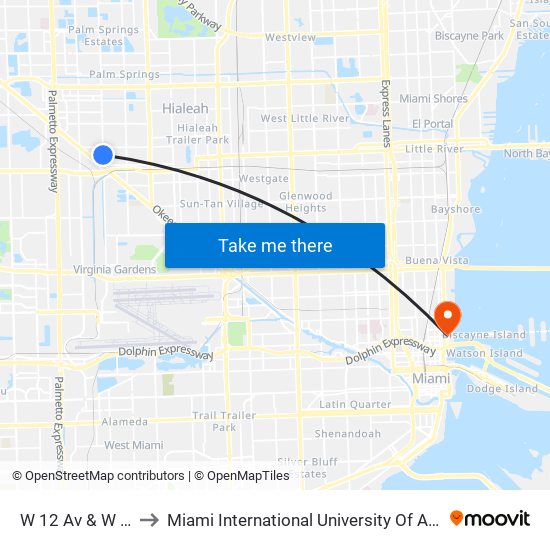 W 12 Av & W 26 St to Miami International University Of Art & Design map