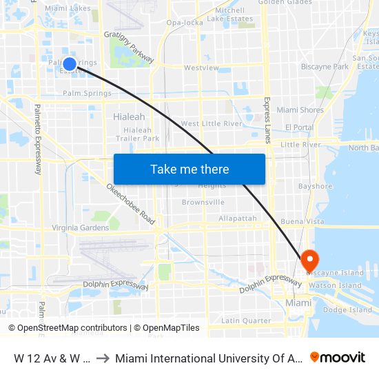 W 12 Av & W 68 St to Miami International University Of Art & Design map