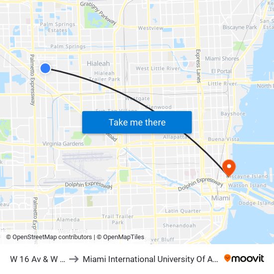 W 16 Av & W 39 Pl to Miami International University Of Art & Design map