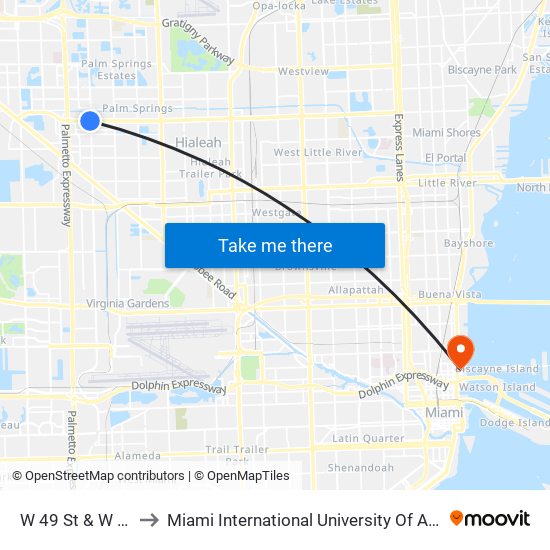 W 49 St & W 16 Av to Miami International University Of Art & Design map