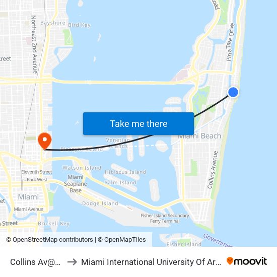 Collins Av@32 St to Miami International University Of Art & Design map