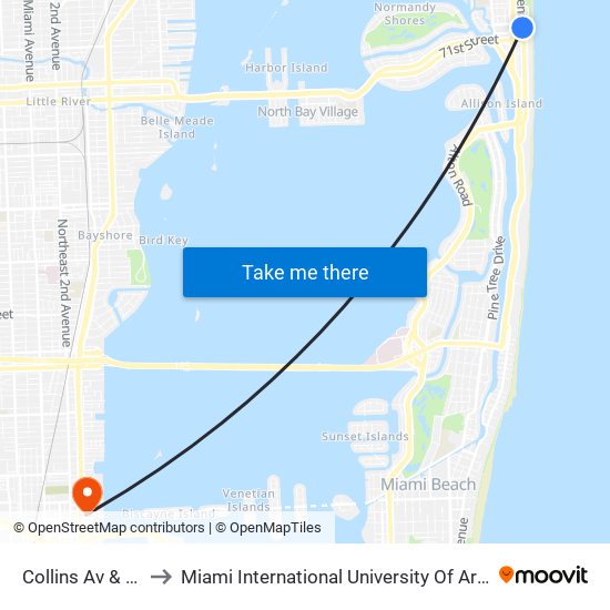 Collins Av & 72 St to Miami International University Of Art & Design map