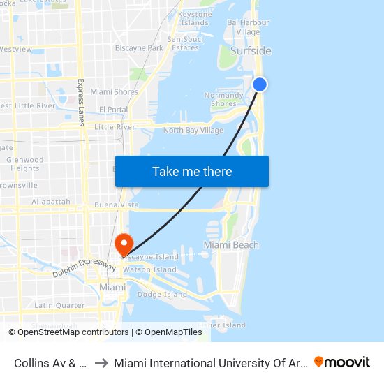 Collins Av & 81 St to Miami International University Of Art & Design map