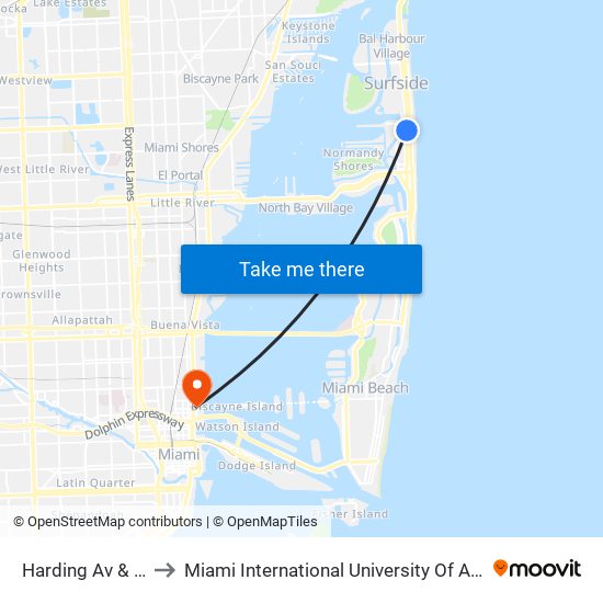 Harding Av & 83 St to Miami International University Of Art & Design map