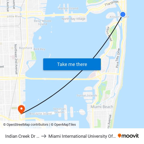 Indian Creek Dr & 65 St to Miami International University Of Art & Design map