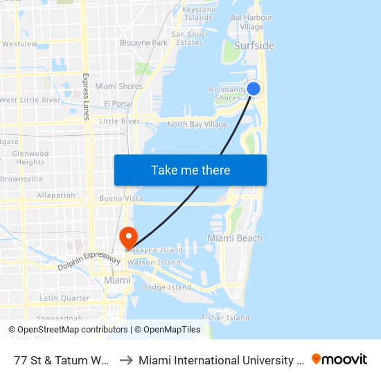 77 St & Tatum Waterway Dr to Miami International University Of Art & Design map