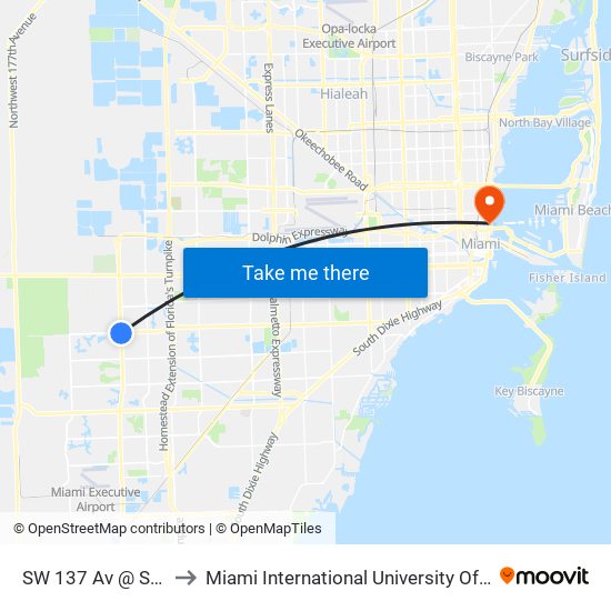 SW 137 Av @ SW 42 St to Miami International University Of Art & Design map