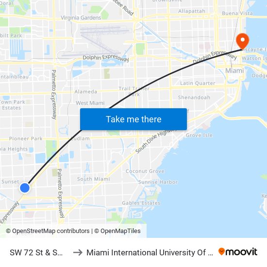 SW 72 St & SW 92 Av to Miami International University Of Art & Design map