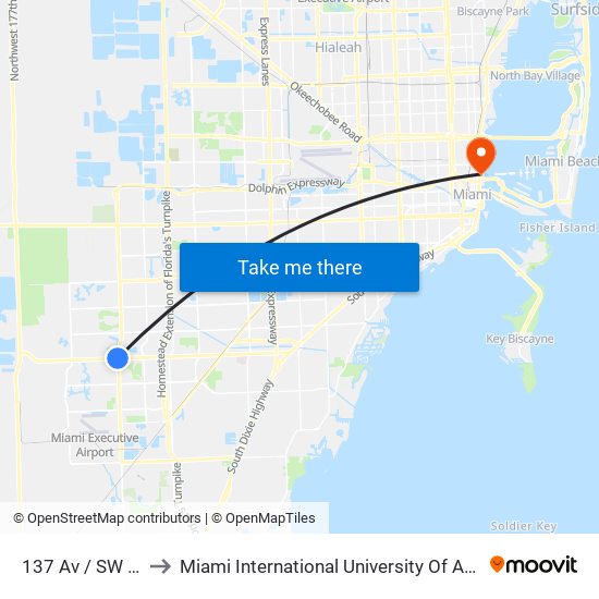 137 Av / SW 88 St to Miami International University Of Art & Design map