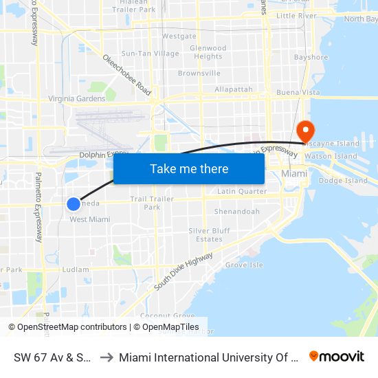 SW 67 Av & SW 8 St to Miami International University Of Art & Design map