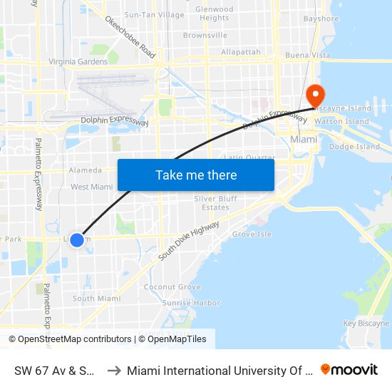 SW 67 Av & SW 40 St to Miami International University Of Art & Design map