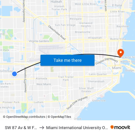 SW 87 Av & W Flagler St to Miami International University Of Art & Design map