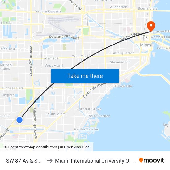 SW 87 Av & SW 72 St to Miami International University Of Art & Design map