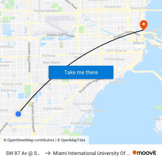 SW 87 Av @ SW 72 St to Miami International University Of Art & Design map