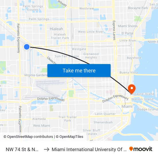 NW 74 St & NW 72 Av to Miami International University Of Art & Design map