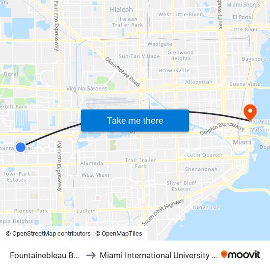 Fountainebleau Bd & # 9350 to Miami International University Of Art & Design map