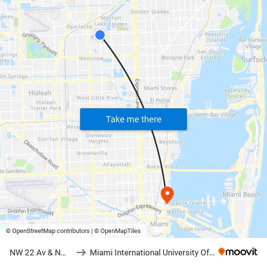 NW 22 Av & NW 135 St to Miami International University Of Art & Design map