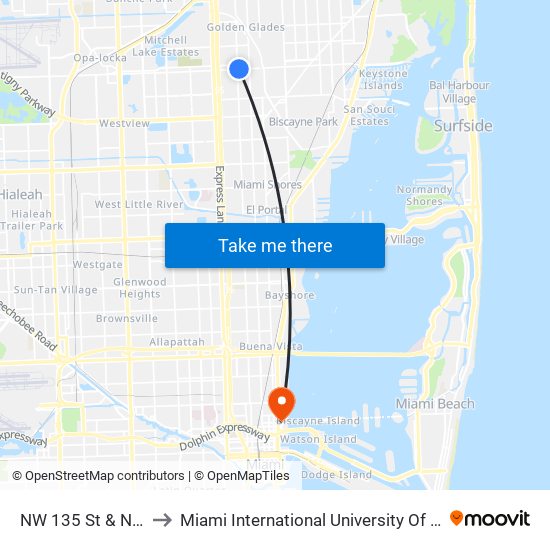 NW 135 St & NW 2 Av to Miami International University Of Art & Design map