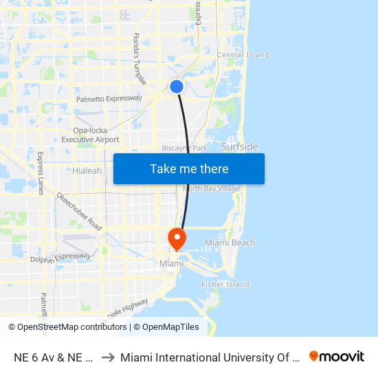 NE 6 Av & NE 177 St to Miami International University Of Art & Design map