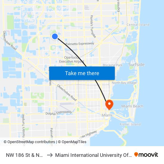 NW 186 St & NW 68 Av to Miami International University Of Art & Design map
