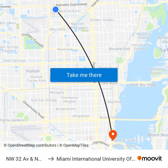 NW 32 Av & NW 163 St to Miami International University Of Art & Design map