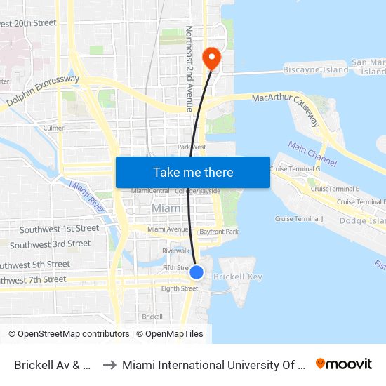 Brickell Av & SE 6 St to Miami International University Of Art & Design map