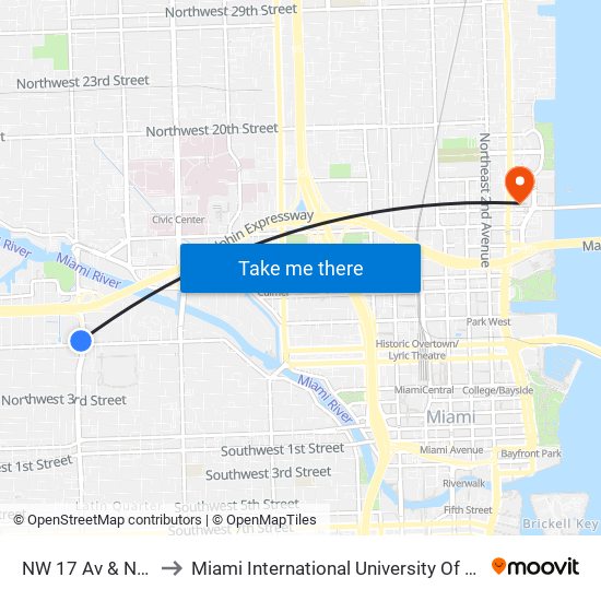 NW 17 Av & NW 7 St to Miami International University Of Art & Design map