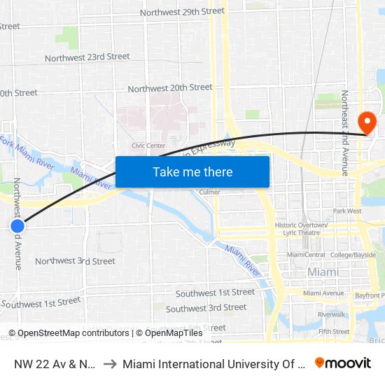 NW 22 Av & NW 7 St to Miami International University Of Art & Design map