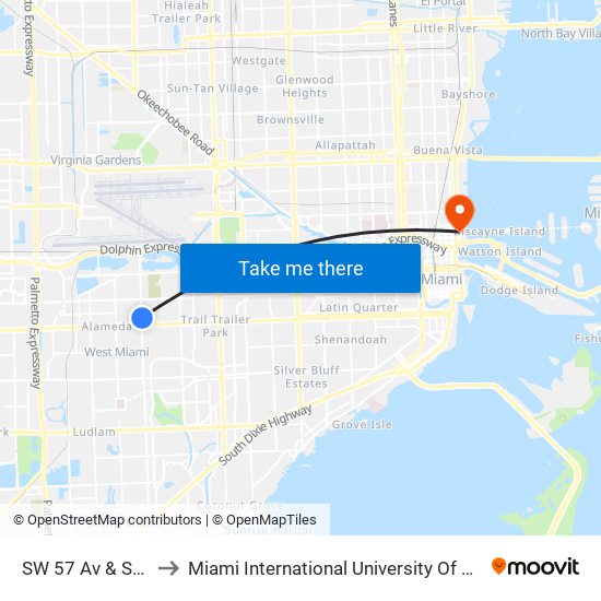 SW 57 Av & SW 5 Tr to Miami International University Of Art & Design map