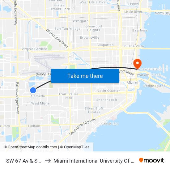 SW 67 Av & SW 2 St to Miami International University Of Art & Design map