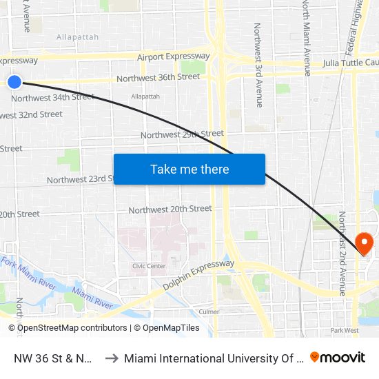 NW 36 St & NW 22 Av to Miami International University Of Art & Design map