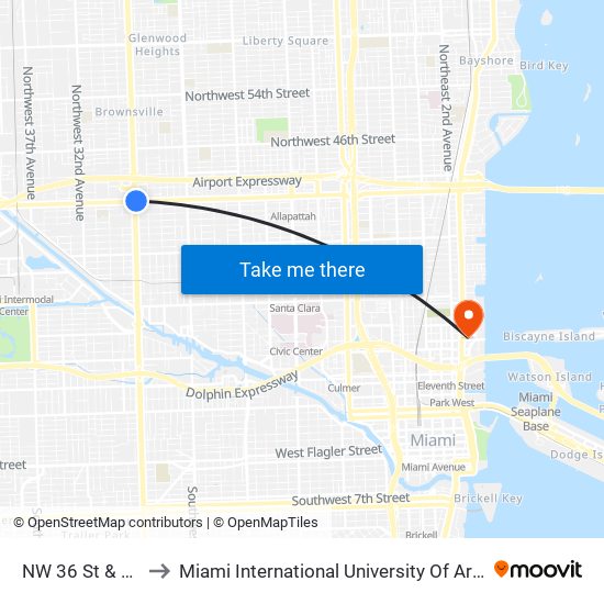 NW 36 St & 27 Av to Miami International University Of Art & Design map