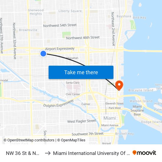 NW 36 St & NW 22 Av to Miami International University Of Art & Design map