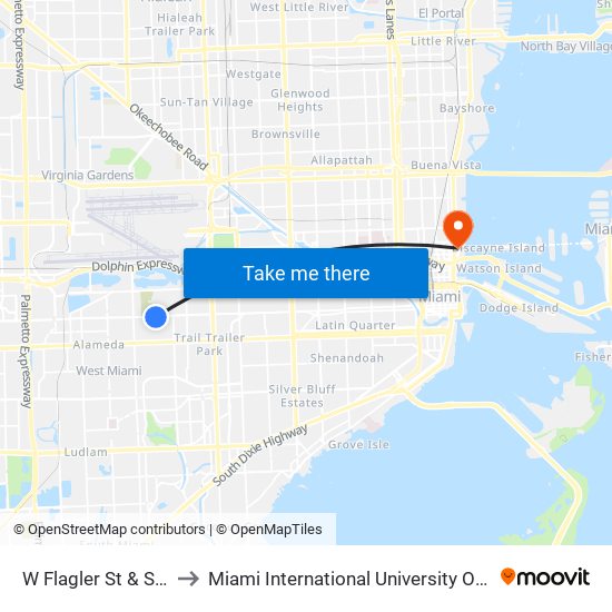 W Flagler St & SW 52 Ct to Miami International University Of Art & Design map